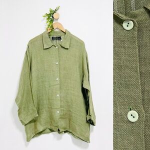 Farley Farley Olive Green Gauze Knit Lagenlook Button Down Shirt